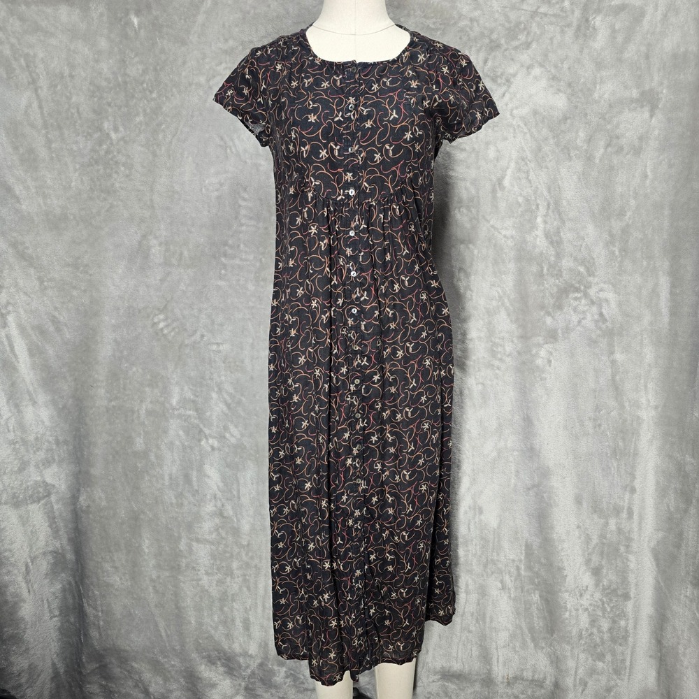 BLUNAUTA Womens Small Italian Linen Floral Midi Dress‎ Cottage Peasant Prairie